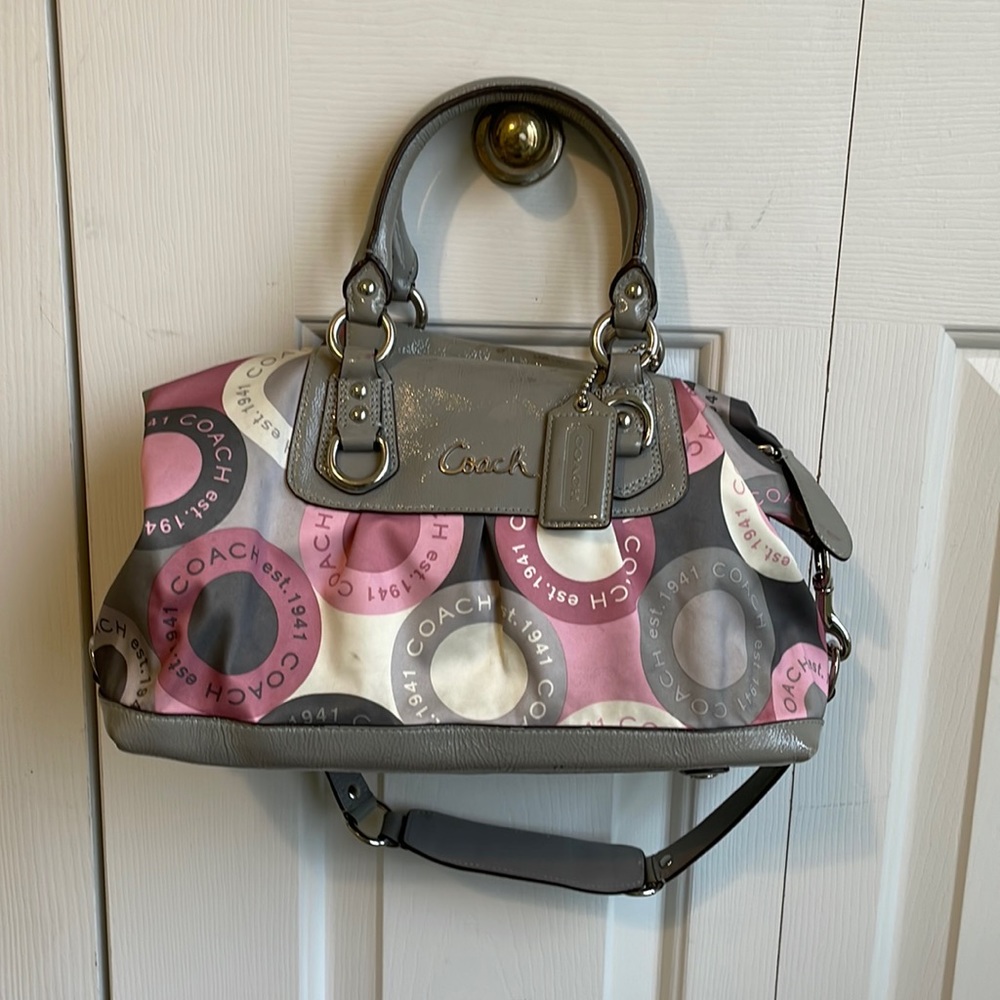 Gray and pink Coach shoulder bag